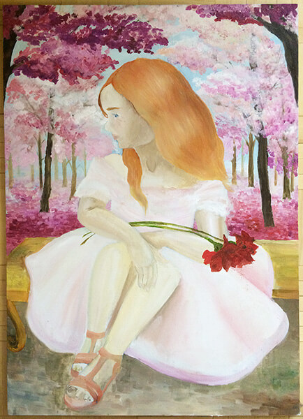 Девочка с букетом. Картина маслом