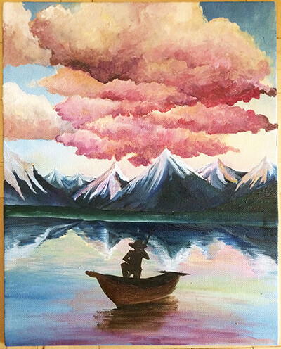 Охотник в лодке. Картина маслом